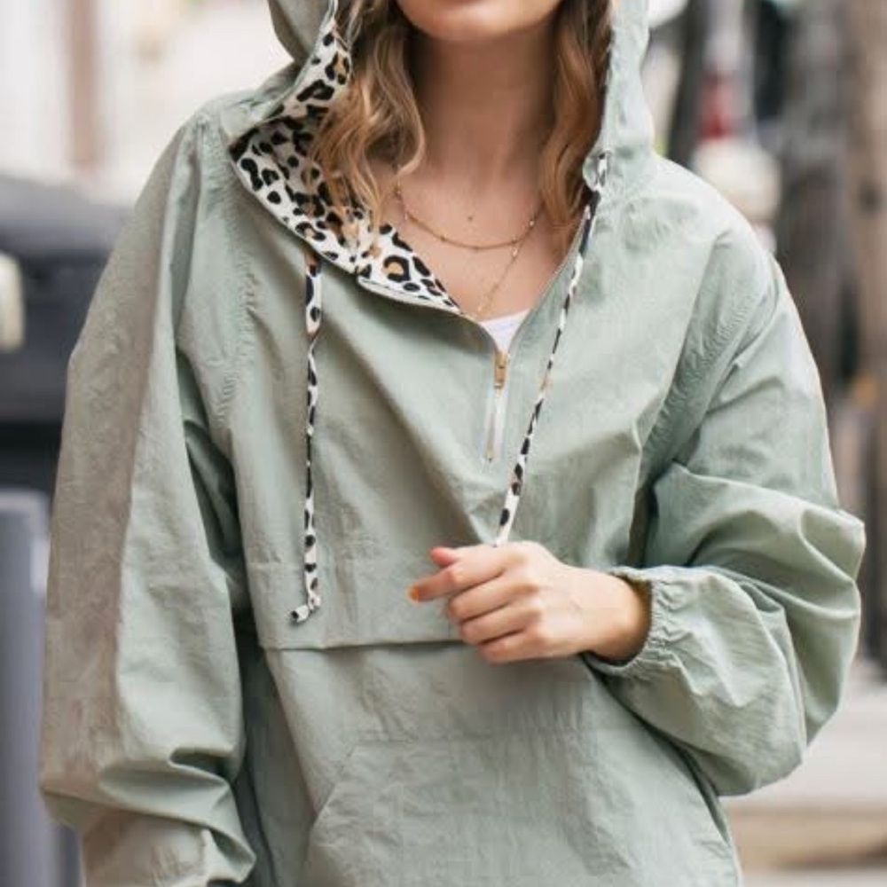 Dusty Mint Hoodie with Leopard Print Trim (L)